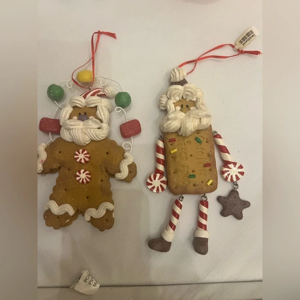 Set of 2 Santa gingerbread ornaments icing gumdrop crate & barrel peppermint